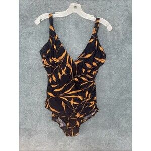 Miraclesuit Swimsuit Women 12 Black One Piece V-Neck Wireless Tropical Beach‎